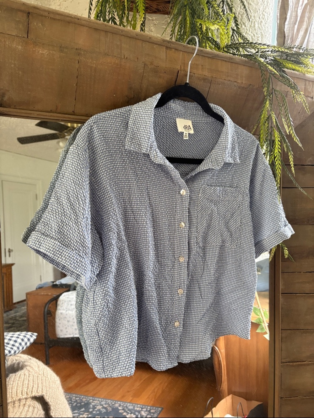 Seafoam Blue Check Short-Sleeve Crop Button-Up Top